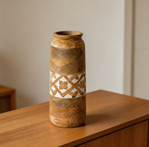 12-Inch Mango Wood Vase Natural White Wash Rustic Centerpiece