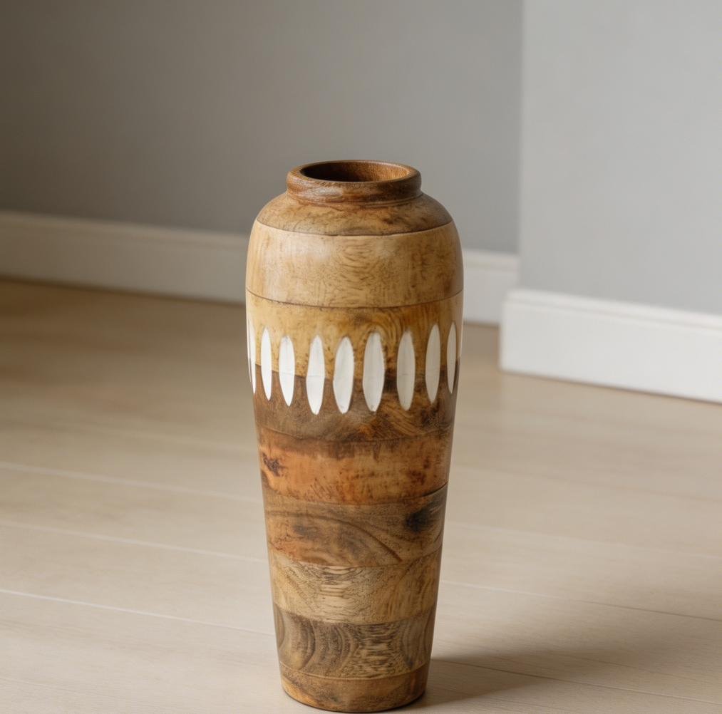 12-Inch Mango Wood Vase Natural White Wash Rustic Centerpiece