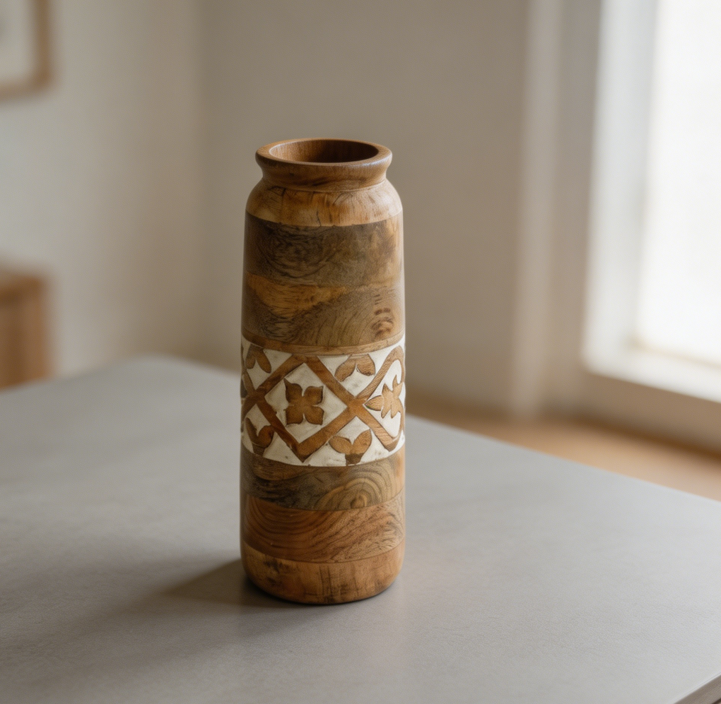 12-Inch Mango Wood Vase Medium Burnt Rustic Centerpiece