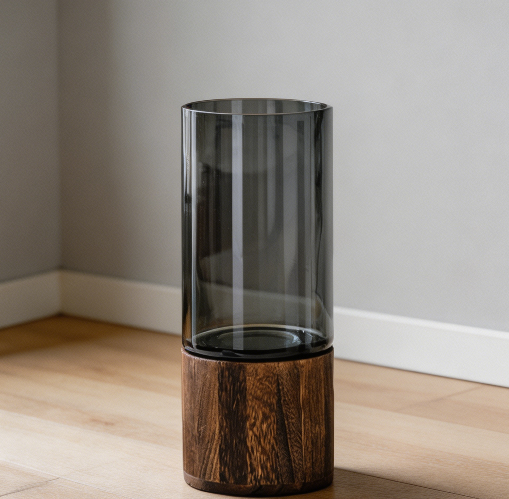 10-Inch Artistic Wood Glass Cylindrical Vase Boho Rustic